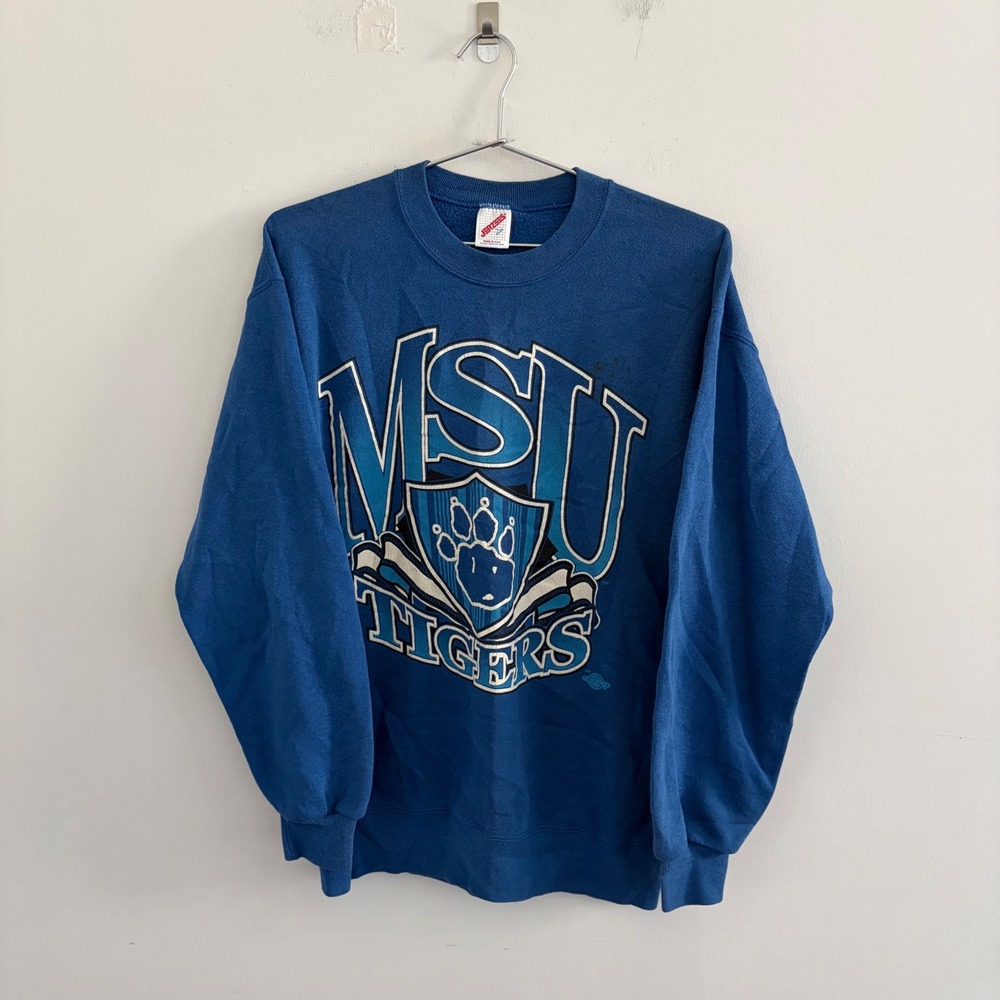 Vintage Jerzees MSU Tigers Sweatshirt Blue Large Made in USA 90s Collegiate